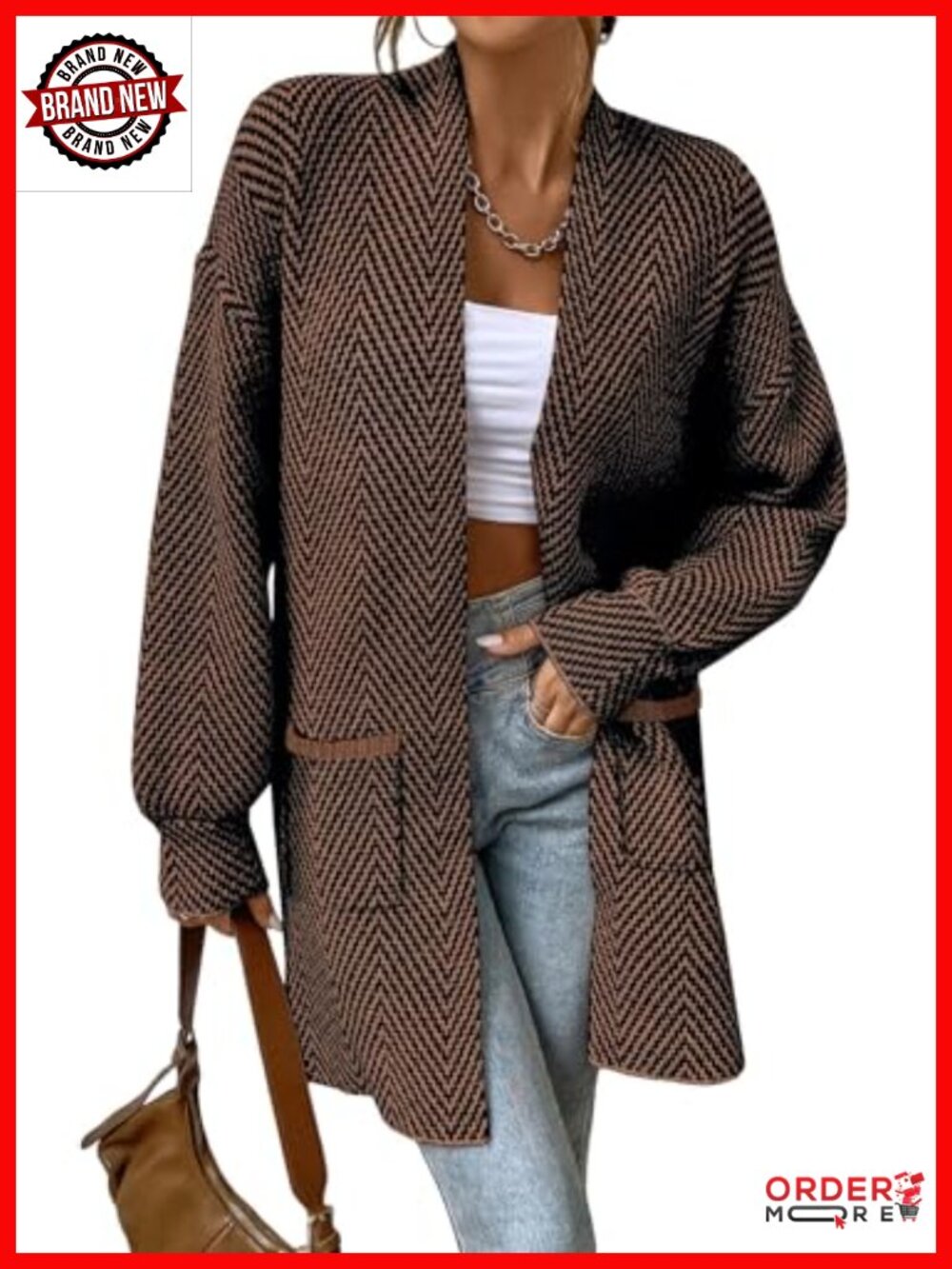 Chevron Open Front Cardigan 100% Acrylic Sweater with Pockets